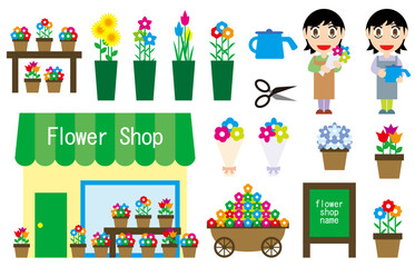 Obraz premium アイコン、シンボルにも使える花や女性スタッフ、店等をデザインした色付の花屋のイラストの素材コレクション