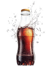  Cold soda bottle with water drops and fizz escaping, modern design on transparent background