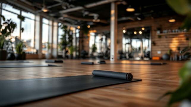 Empty yoga studio with mats on wooden floor, modern gym interior, plants and equipment - Powered by Adobe