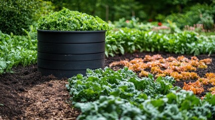 Black planter pot filled with leafy greens in a garden bed.