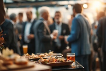 Close up of appetizers and drinks on a table during a networking event, with blurred business people socializing in the background