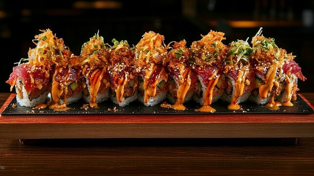 Exquisite sushi roll platter, featuring tuna and tempura topping.  Rows of flavorful rolls are drenched in a spicy sauce, garnished with crunchy fried bits and fresh herbs