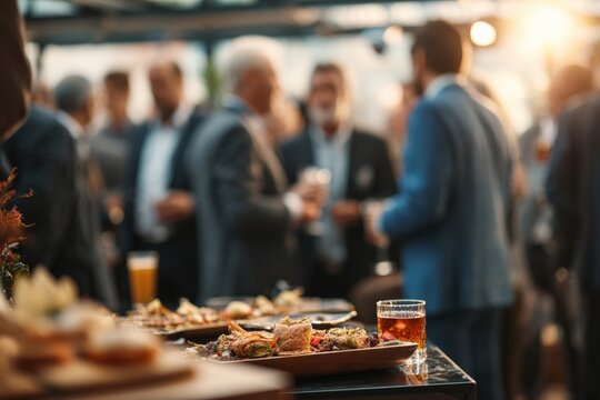 Close up of appetizers and drinks on a table during a networking event, with blurred business people socializing in the background
