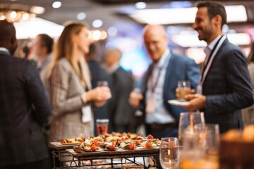 Business professionals socializing and enjoying food and drinks at a corporate event, creating a lively and engaging atmosphere