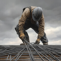 worker on the roof of a building, working with steel wires