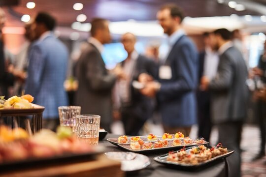 Close up view of catering appetizers and drinks on table with blurred business professionals networking at corporate event in background