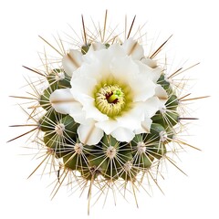 Cactus with White Flower and Spines on White Background Detailed Macro Plant