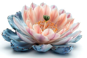 Artistic Pastel Cactus Flower Bloom, Detailed Stamens and Spines on White Background