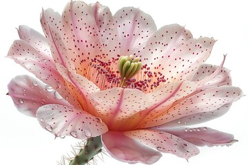 Exotic Light Pink Flower with Red Speckles and Water Droplets on White Background