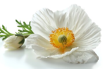 Elegant White Poppy Flower with Dewdrops on Petals on White Background Closeup