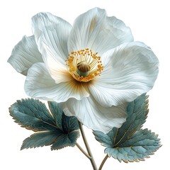 Isolated White Poppy Flower with Detailed Leaves on White Background, Botanical Art