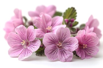 Pink Striped Geranium Flowers Blooming on White Backdrop Closeup Floral Beauty