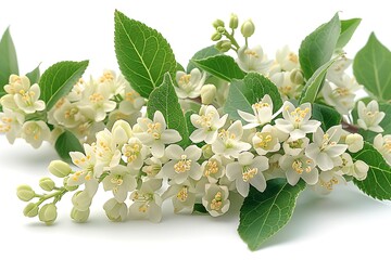 Delicate White Flowers with Green Leaves on White Background, Floral Arrangement