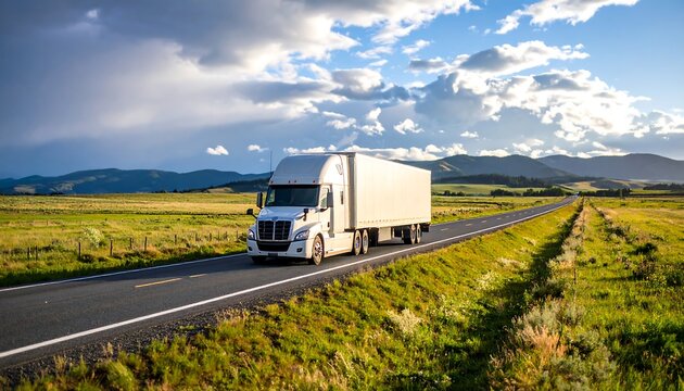 A semi-truck is seen driving on an open road passing through a grassy field under cloudy sky today.