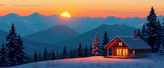 Obraz premium Flat design winter mountain sunset landscape, cozy cabin silhouette, vacation, minimalist