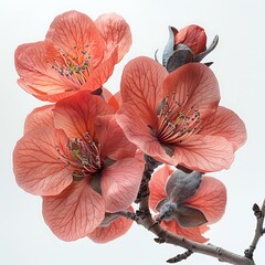 Bombax Ceiba Flowers on Branch with White Background, Vibrant Color and Detailed Texture