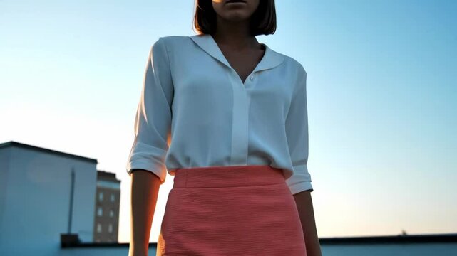 chicks in mini skirts - Woman in a white blouse and coral skirt stands on a rooftop at sunset, with a city skyline in the background, showcasing a stylish urban lifestyle