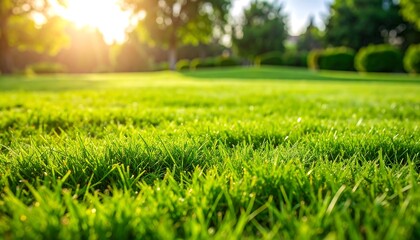 Close-up shot of vibrant green lawn with sunlit trees, evoking a peaceful and refreshing atmosphere.
