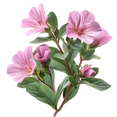 Delicate Pink Flowers with Veins, Green Leaves on Transparent Background, Floral Design