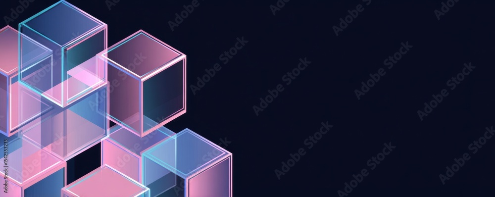 Poster abstract background with geometric lines and cubes in blue and pink colors on a dark navy background