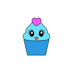 Kawaii Vector of a Smiling Blue Cupcake with a Heart