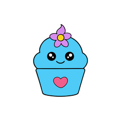 Kawaii Vector of a Smiling Blue Cupcake with a Heart