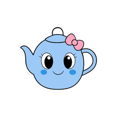 Kawaii Vector of a Smiling Blue Teapot with a Bow