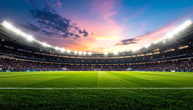 A packed stadium is illuminated by bright lights at dusk, with colorful sky in the background.