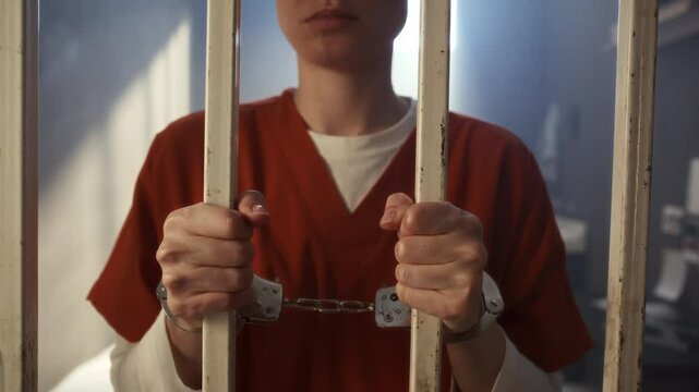 Hands of female inmate in handcuffs and orange uniform holding metal bars tightly while standing in prison cell. Close-up shot