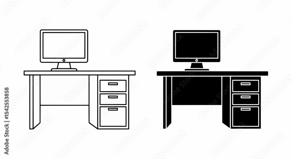 Poster this high-quality vector image features two minimalist computer desk and monitor icons: a black outl