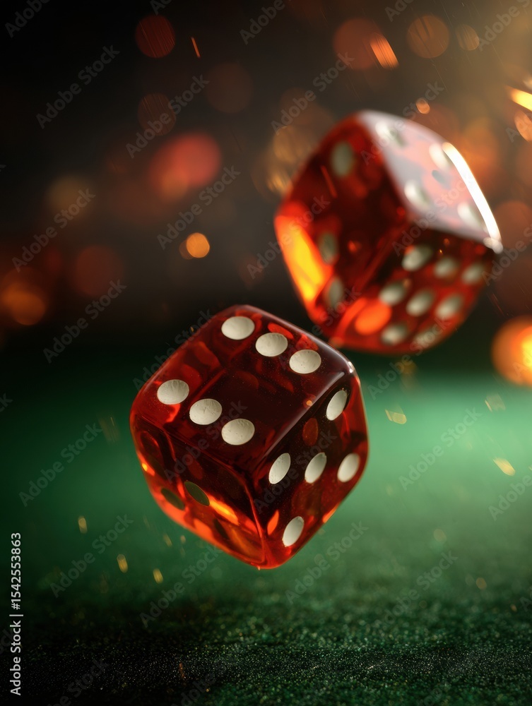 Poster Close-up of Spinning Dice on Green Felt Illuminated by a Glowing Light Source in a Dramatic and Dynamic Setting