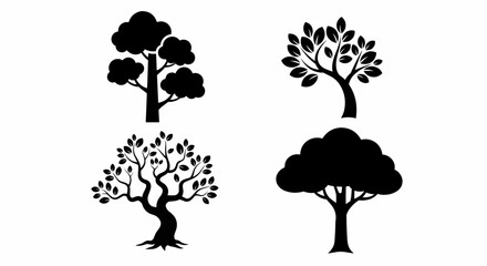 This high-quality vector pack features four minimalist solid black tree icons: cloud-like, almond-leaf, gnarled, and symmetrical canopies, all with fine details.