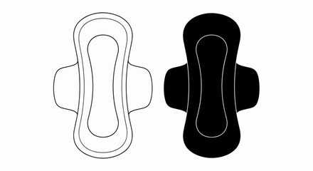This high-quality vector image features two minimalist sanitary pad icons: a thin black outline and a solid black silhouette, both with hourglass shape and wings, all with fine details.