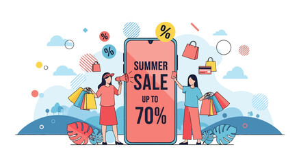 Adobe illustrator artwork vector illustration of a vibrant summer sale promotion with women holding shopping bags and a smartphone displaying discounts, ideal for e-commerce and retail marketing