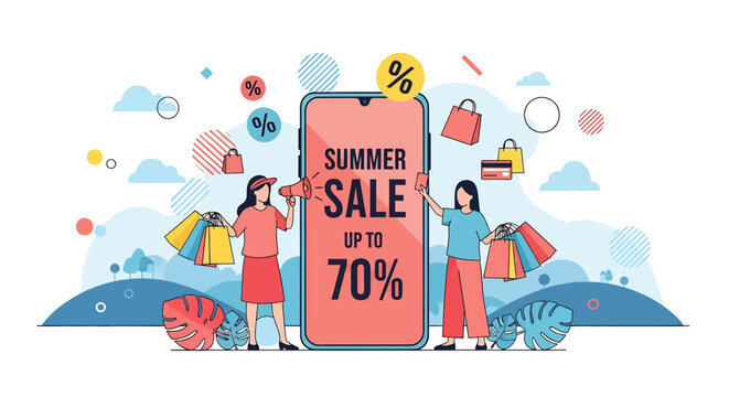 Adobe illustrator artwork vector illustration of a vibrant summer sale promotion with women holding shopping bags and a smartphone displaying discounts, ideal for e-commerce and retail marketing