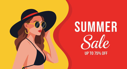 Adobe illustrator artwork vector illustration of a stylish woman in a sun hat and swimsuit, perfect for a striking summer sale poster banner, highlighting fashion and discounts