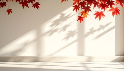 Sunlight streams through red maple leaves creating shadows on the wall in a bright morning scene.