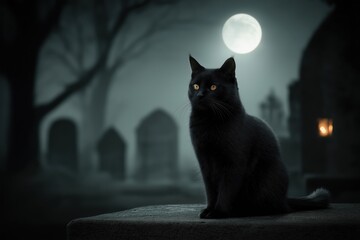 Black cat sitting in cemetery at night with full moon: halloween atmosphere