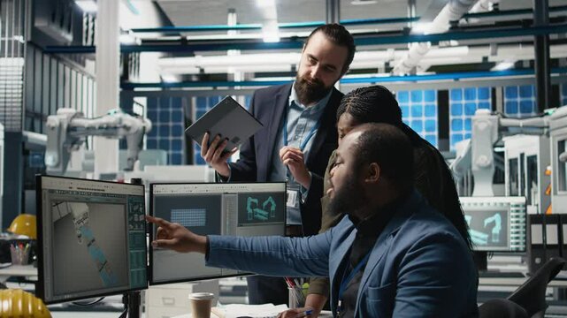 Group of professional consultants reviewing data and checklists in a high tech solar panel plant, ensuring manufacturing process meets sustainable energy and innovation standards. Camera B. - Powered by Adobe