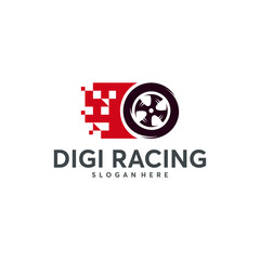 Digital racing  design with a tire and pixelated effect.
