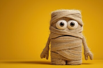 Sad mummy character standing on yellow background for halloween