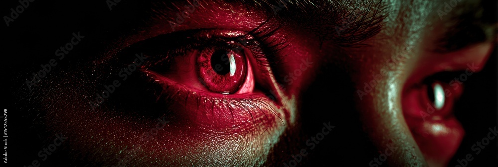 Poster vivid red veins visible in eyes against a silent black backdrop with a clear focus on the right side
