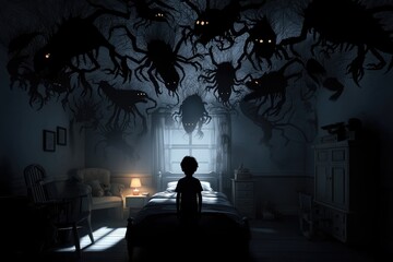 Night fear scene: Child in bedroom stares at wall shadow, monster shape appears, symbolizing nightmare, sleep anxiety, bedtime worry, dream fright, darkness illusion, imagination terror, silent dread