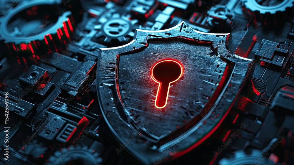 Poster futuristic cyber security shield with keyhole and mechanical background