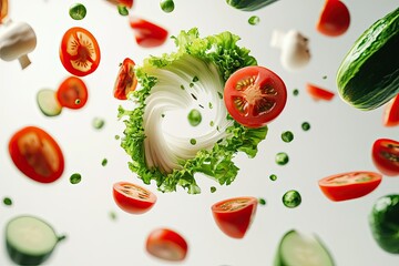 Naklejka premium Floating fresh salad ingredients: a vibrant and healthy culinary composition