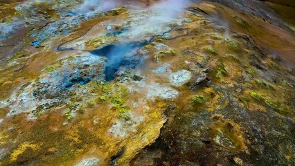 Aerial view of the volcanic Hverir Geothermal Area, located in the Mývatn region of northern Iceland.