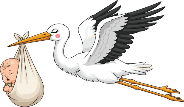 Watercolor illustration of a flying Stork carrying a newborn Baby in a soft cloth bundle. Drawing of bird with cute Infant for baby shower invitations or newborn party invitations in pastel colors.