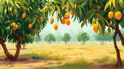 mango orchard, rows of mango trees with ripe orange-yellow fruits hanging from branches, thick green leaves shade the ground, ai generated images.