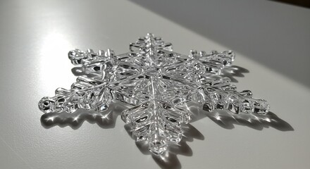 Intricate glass snowflake sparkles brightly under soft sunlight revealing delicate details. AI Generated