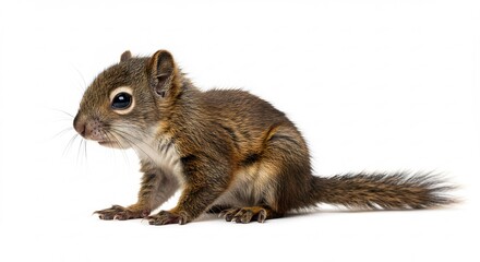 Obraz premium Adorable baby squirrel sits alertly against bright white background. AI Generated